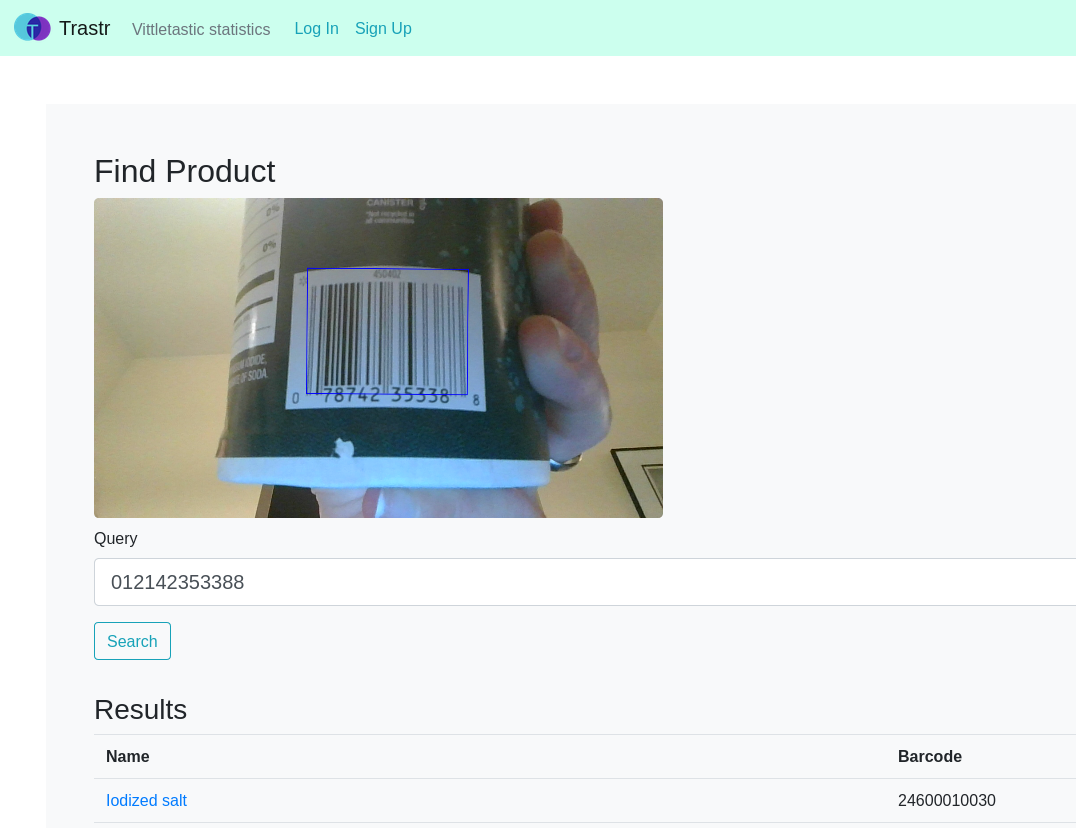 Screenshot of Trastr product search page featuring a barcode scanner, search box, and search results area.